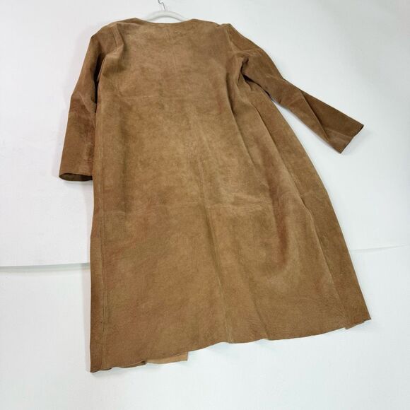 Chicos Leather Trench Coat Womens Medium Tan Open Front Long Lightweight Suede - Picture 7 of 8